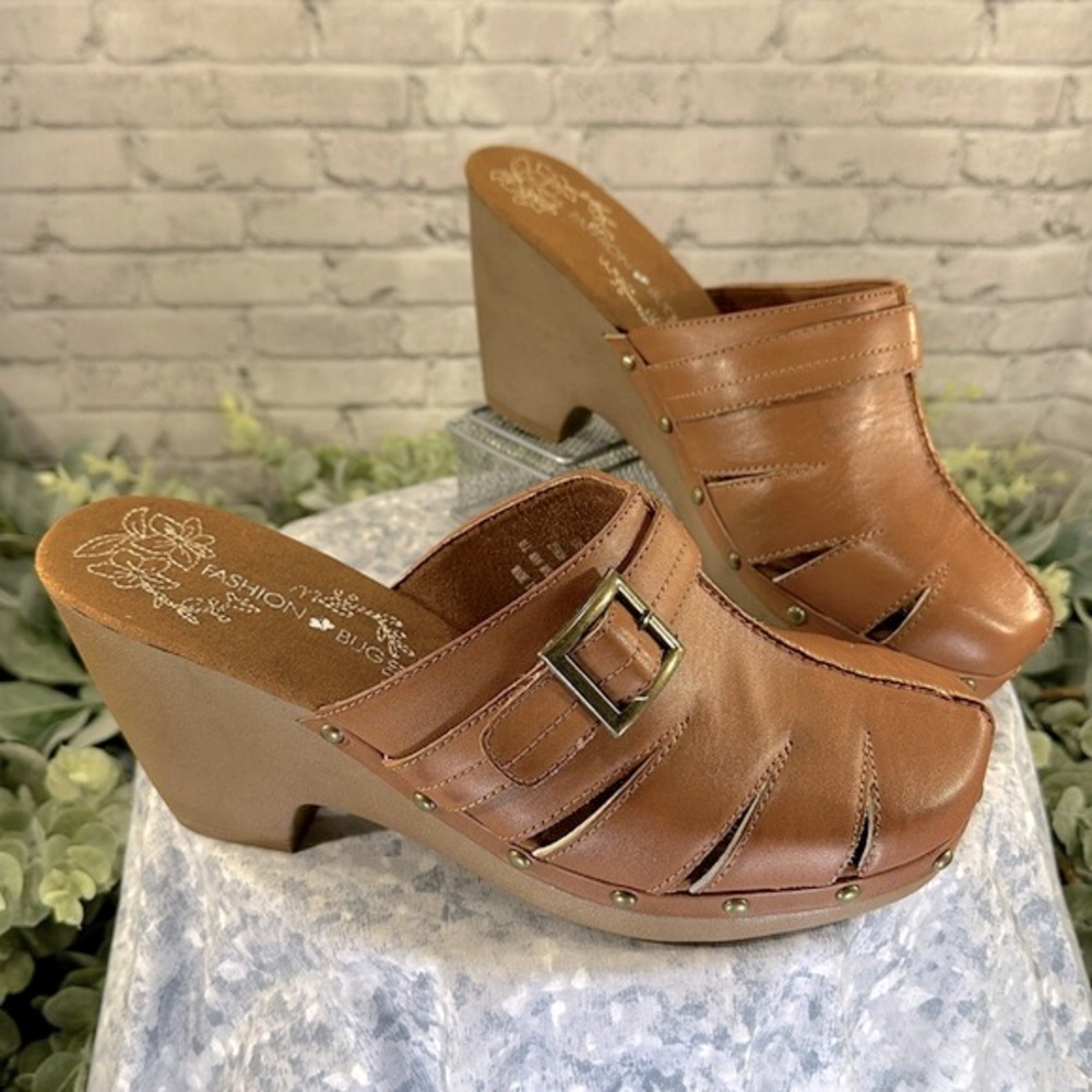 Fashion Bug “Easy” Cutout Tan Wedge Heeled Mule Clog Casuals WMS 10M 🌟NWOT🌟